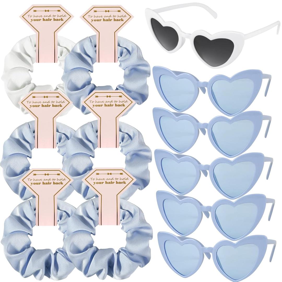 Satin Bridesmaid Scrunchies Bachelorette Hair Ties Set of 6 sunglasses Bridal Shower No Damage Hairties ideas Gift for Wedding Party Favors Bridesmaid Proposal Gifts (White & Dusty Blue)