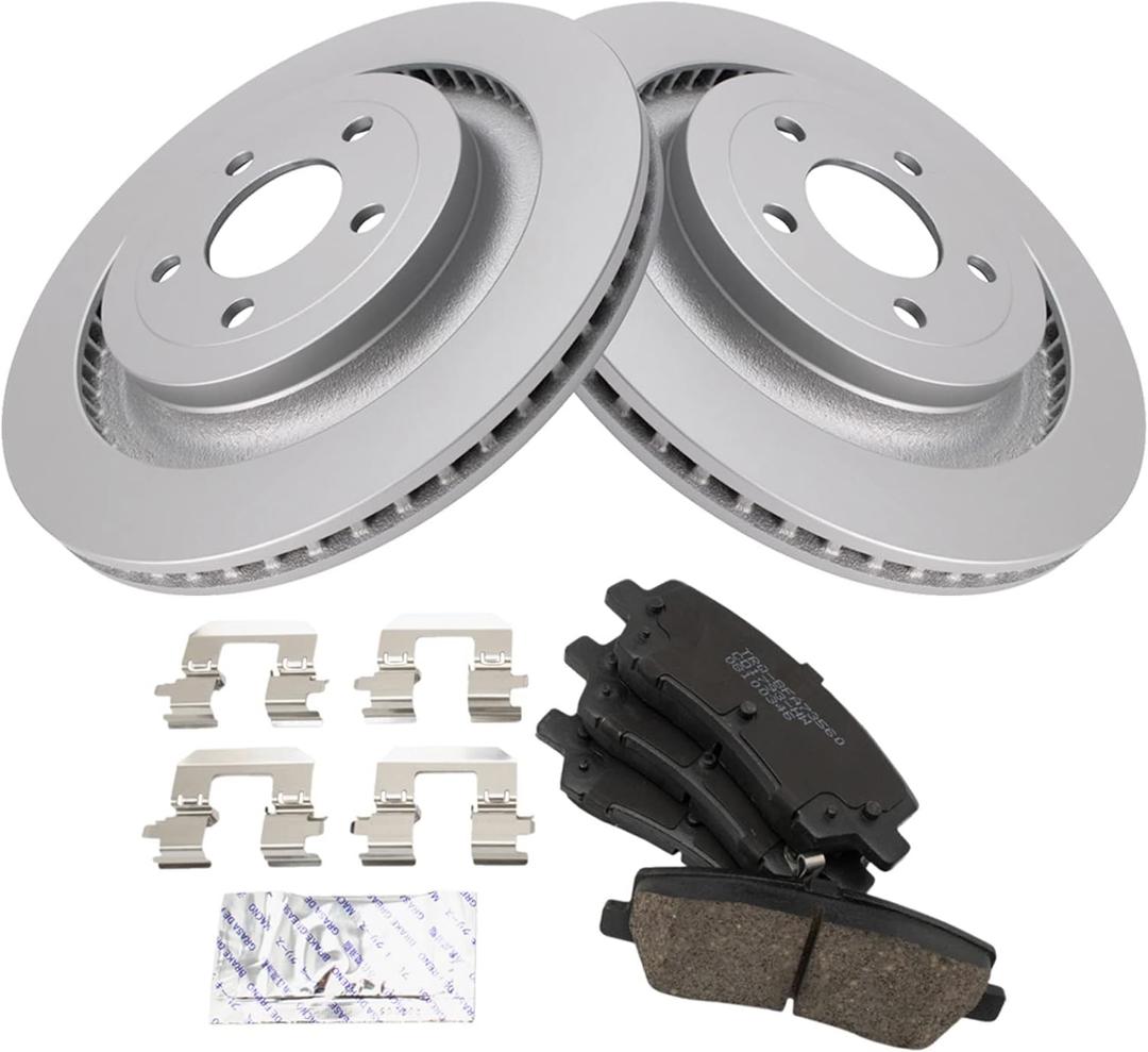 TRQ Rear Brake Pad & Rotor Kit Brake Pads Brake Rotor Ceramic Premium G-Coated Compatible with 2015-2021 Ford Mustang