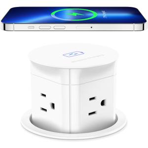 ANNQUAN 3 inch Pop Up Outlet with 15W Wireless Charger,15A Outlets,Pop Up Countertop Receptacle,Desk Hole Power Grommet for Kitchen Office,ETL Listed (White)