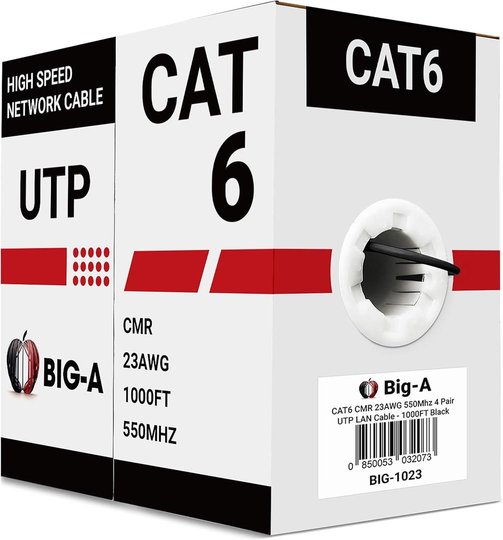 Big-A - Bulk Cat6 Cable 1000ft 23AWG Solid 4 Pair, Cat 6 Ethernet Cable Unshielded Twisted Pair (UTP), (CMR) 550MHz Internet Cable, Pull Box - Black