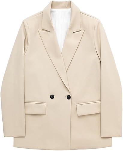 Women with Pockets Solid Double Breasted Blazer Lady Long Sleeves Notched Neck Outwerwear, Size Medium