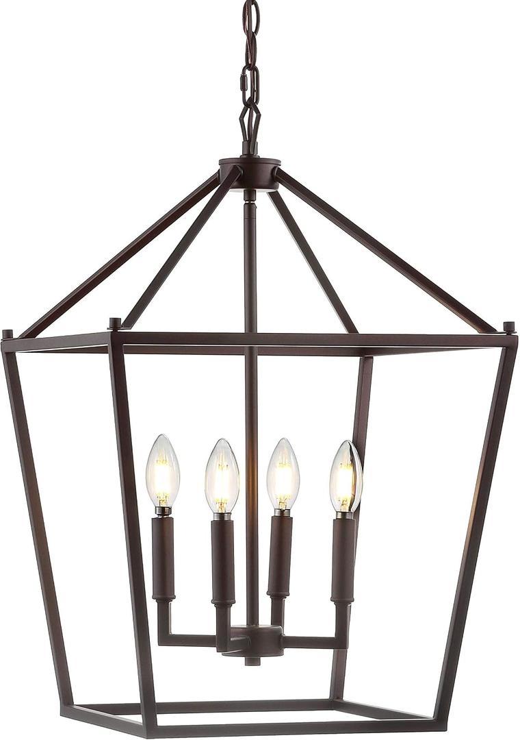JONATHAN Y 16" Oil Rubbed Bronze Lantern Pendant Light, 4-Light Pagoda Style Metal Cage Farmhouse Hanging Ceiling Fixture for Kitchen Island, LED Bulb Included (JYL7437A)
