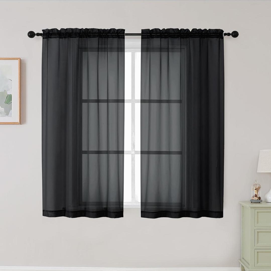 Black Sheer Curtains for Bedroom Living Room 45 Inch Length 2 Panels, Soft Airy Light Filtering Small Kitchen Window Curtains, Rod Pocket Short Curtain Drapes, Black, 42" Wx45 L Inches
