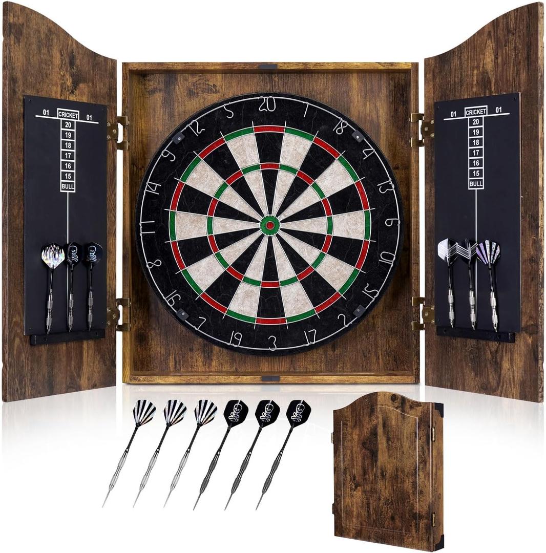 Sisal Dart Board Cabinet Sets, Decorative Dart Boards for Adults [6*Steel Darts] - Wooden Dartboard Cabinet with Integrated Scoreboard for Family Game Rooms