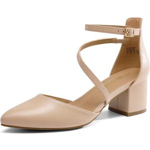 DREAM PAIRS Women's Closed Pointed Toe Low Chunky Heels Pumps Ankle Strap Wedding Business Dressy Shoes SDPU2354W Size 7.5, Nude-Pu