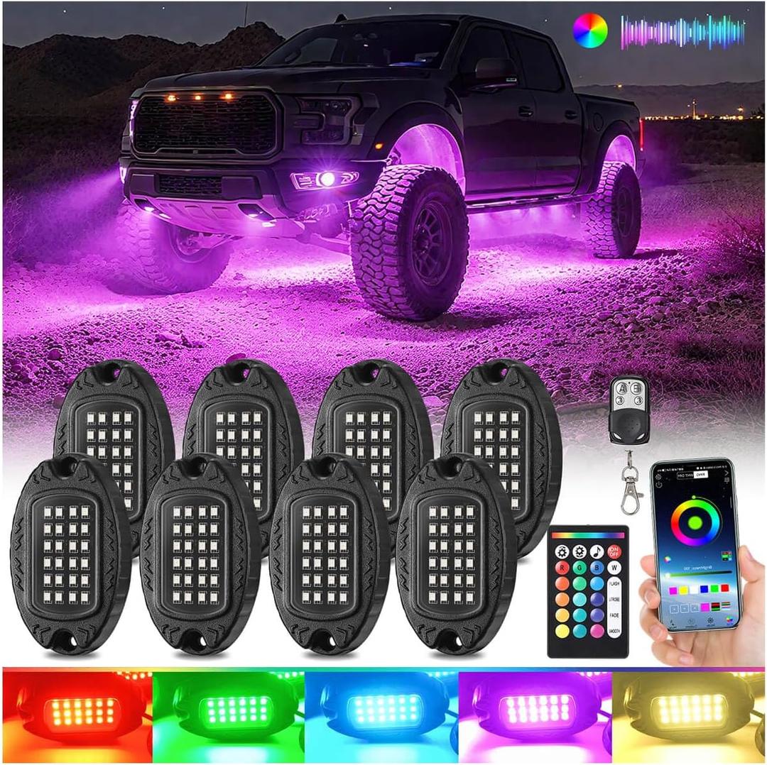 8Pods Segmented RGB LED Rock Lights Kit for Jeep Trucks UTV ATV Golf Cart RZR SXS Offroad Four Wheeler with APP/RF Remote, Multi Color Underglow Light Waterproof Music Neon Underbody 12V