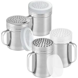 [2-pack] 10oz Seasonings Spice Shakers with Holes, [2-pack] 14oz Metal Parmesan Cheese Shakers with Large Holes - with Handle and Plastic Cap