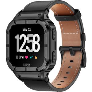 BAITEYOU Leather Bands with Stainless Steel Case Compatible with Fitbit Versa 1 2 3 4 Lite Sense 2 1 Protective case for men
