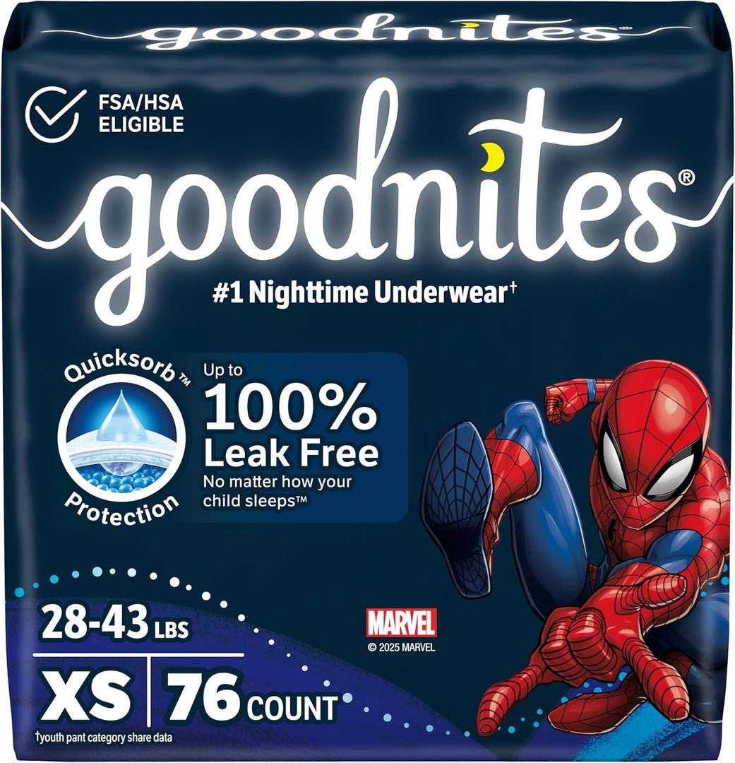 Goodnites Boys' Nighttime Bedwetting Underwear, Size Extra Small (28-43 lbs), 76 Ct (2 Packs of 38), Packaging May Vary