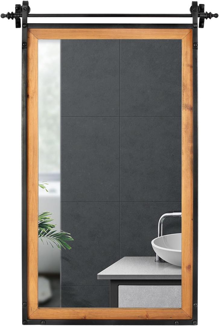 Rectangle Farmhouse Mirrors for Wall - 24"x36" Rustic Black Barn Door Inspired Decorative Hanging Mirror for Bathroom, Bedroom, Living Room, Entryway