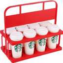 Reusable Drink Carrier with Handle for Doordash, Eats, Grubhub, Portable 8 Cup/Coffee Holder Accessories for Delivery, Foldable Drinks Caddy with Tray, Car Durable Plastic Festive Bottle, Vacation (Red)