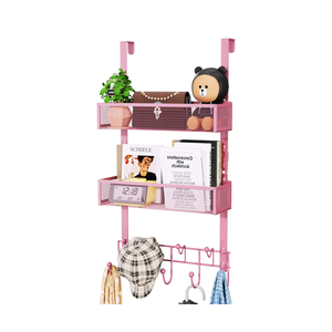 HapiRm Over The Door Hanger with Coat Hooks and 2 Baskets, Rustproof & Waterproof Pink Over The Door Hooks, Storage Organizer for Hats, Bathroom, Kitchen, Bedroom - Pink