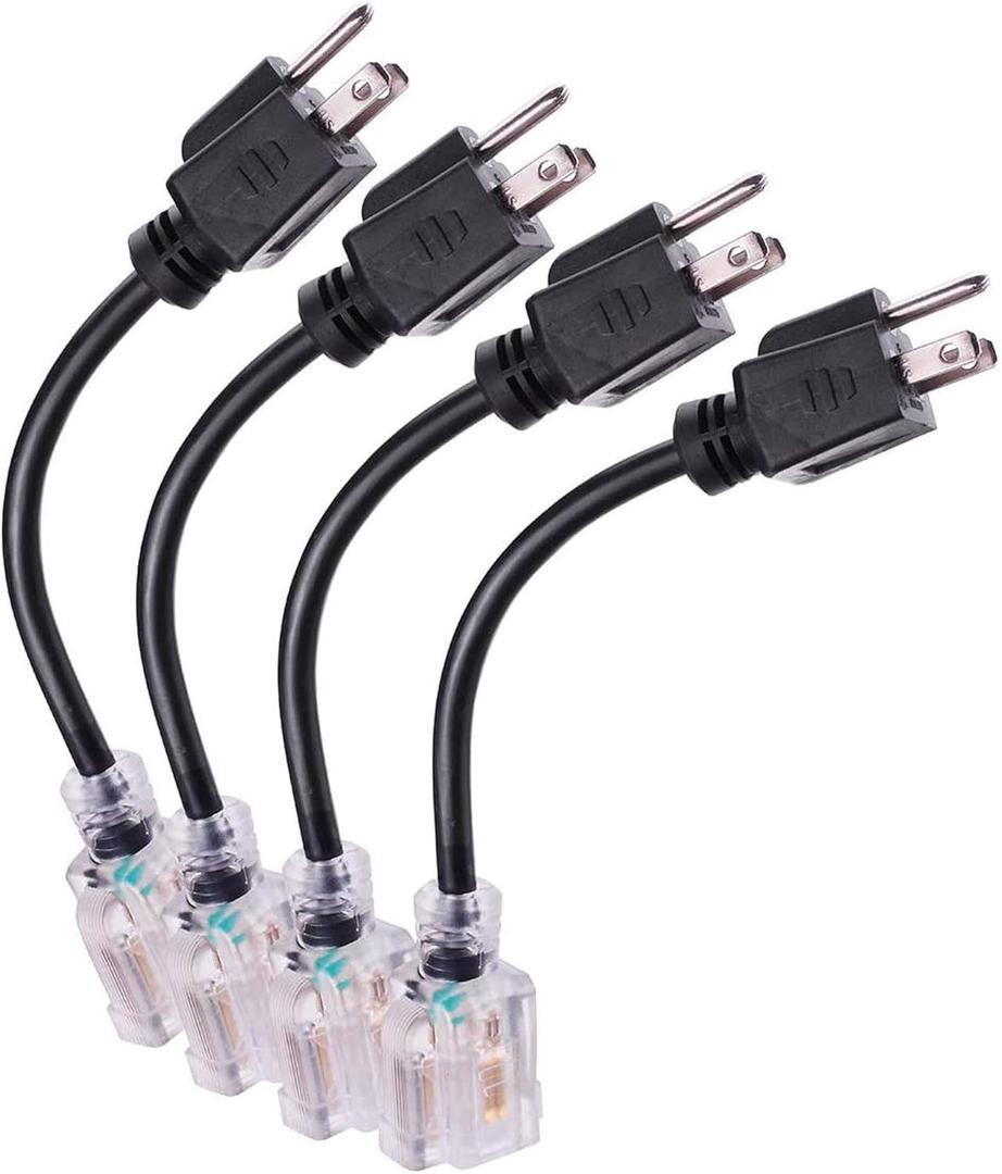 Miady Short Power Extension Cord Outlet Saver, Female Plug with Lighted End 16AWG/13A, 3 Prong (4 Pack, Black, 8 Inch)