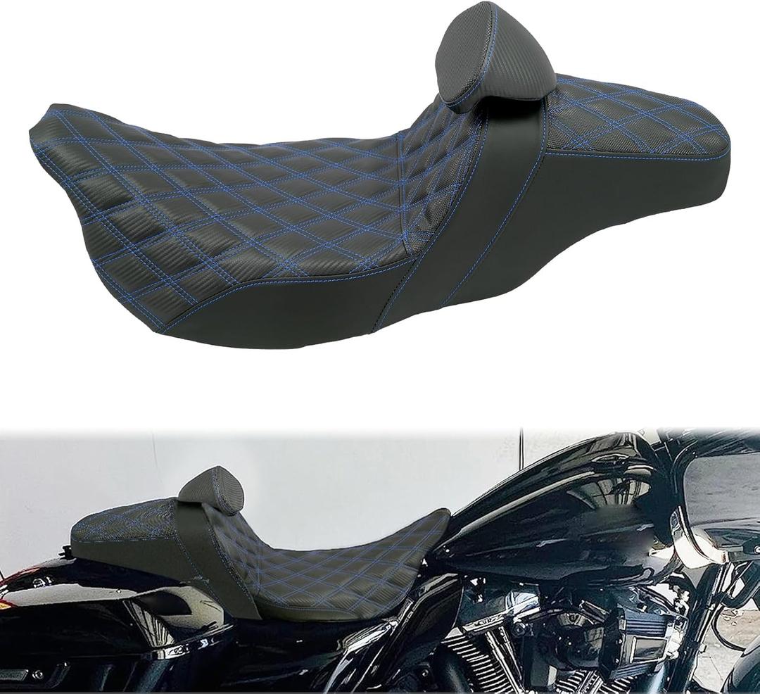 One-Piece Driver Passenger Seat Motorcycle 2-up Seat With Driver Backrest Cushion Pad Fit for Harley Touring Electra Glide Road King Road Glide Street Glide 2009-2023 (Blue Stitching)