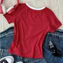 Girl's Graphic Tees Striped Short Sleeve Cropped Tshirts Crew Neck Summer Tops Streetwear (Burgundy)