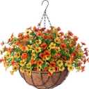 Artificial Silk Flowers Spring Hanging Basket for Outdoor Indoor, Daisy with Eucalyptus Leaves Arrangement for Garden Yard Decor, Faux Green Plant in Metal Coconut Lining Pot(Yellow Orange)