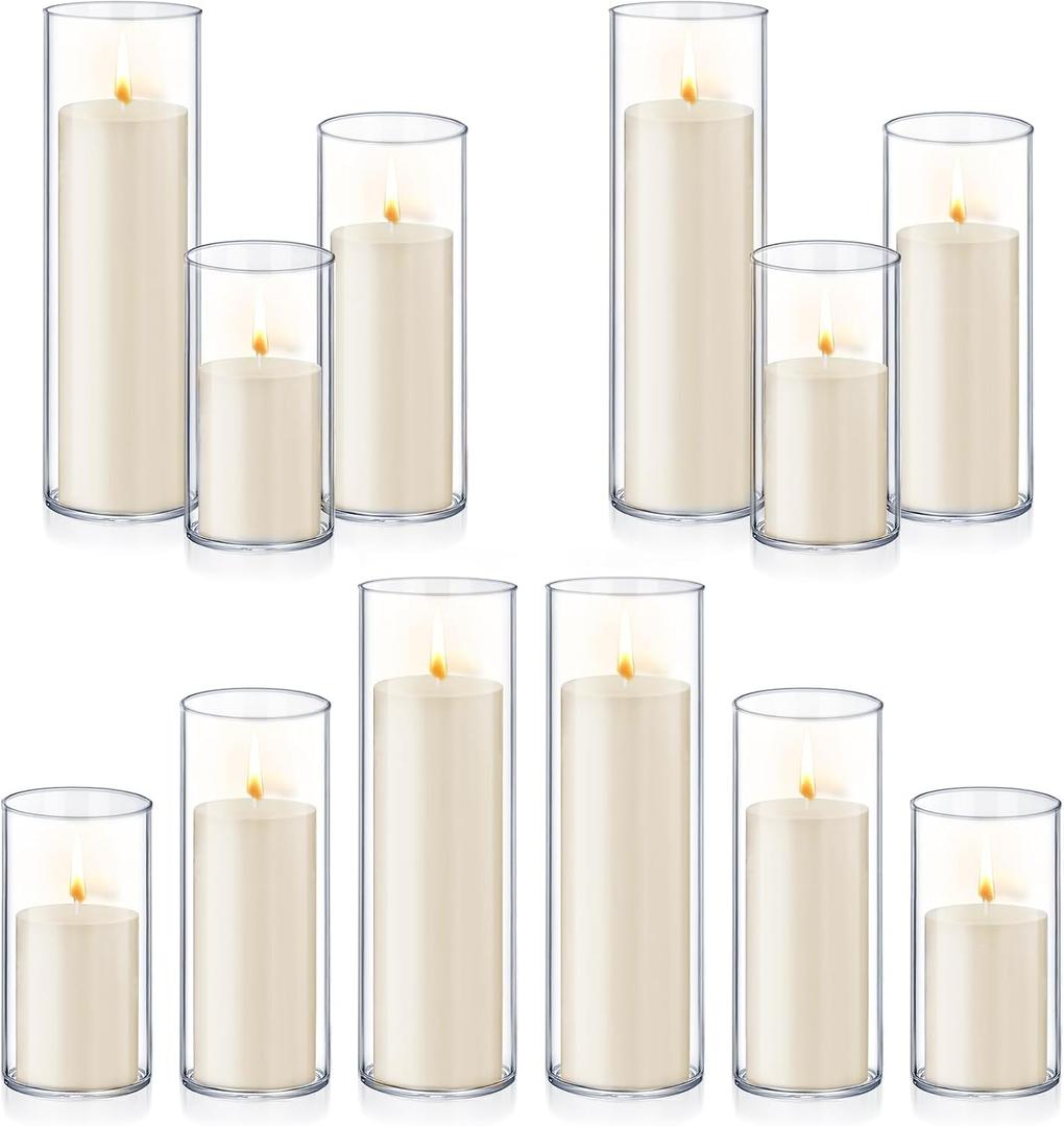 24 PCS Ivory White Pillar Candles with Glass Candle Holders Clear Hurricane Candle Holders Glass Cylinder Vases for Centerpieces Wedding Party, Event, Home Office (12 Candles+12 Candle Hoders)