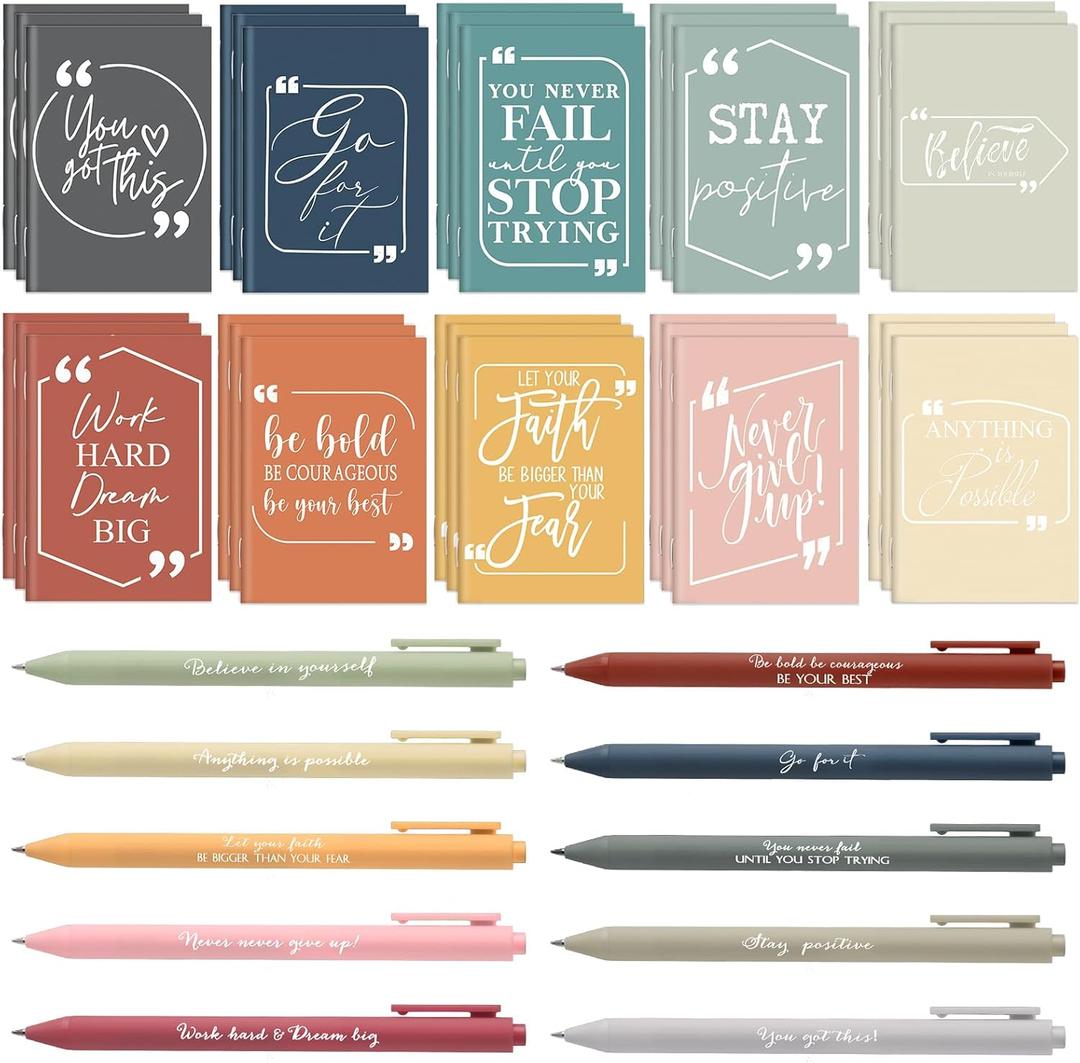 Fulmoon 60 Pcs Back to School Gifts Inspirational Notepads Pens Gifts Bulk Inspirational Mini Notebooks Motivational Pens for Students from Teacher Coworker Employee Team (Colorful)