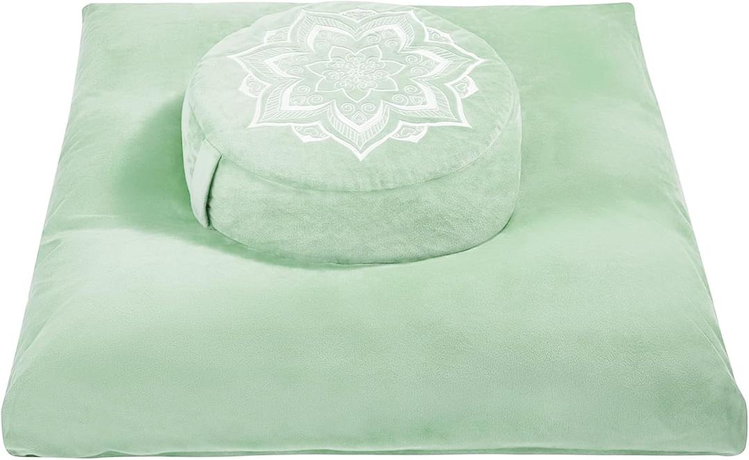 Meditation Zafu Cushion Set with Buckwheat Hulls & Memory Foam - Ergonomic Support for Yoga & Sitting - Removable Machine-Washable Luxury Velvet Cover - for Adults and Kids (Sage Green)