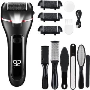 zikillya Electric Foot Callus Remover, 16 Pack Foot File Pedicure Kit Tools,Waterproof Foot Scrubber Dead Skin Remover with 3 Roller Heads & 2-Speed Power Pedicure Tools for Feet Hands Heel (Black)