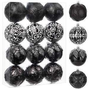 Hollyone 3.15"/ 80mm Black Christmas Ball Ornaments 12 Pcs Shatterproof Christmas Tree Relief Ornament Set Large Hanging Ornaments Balls for Halloween Holiday Wreath Home Decor