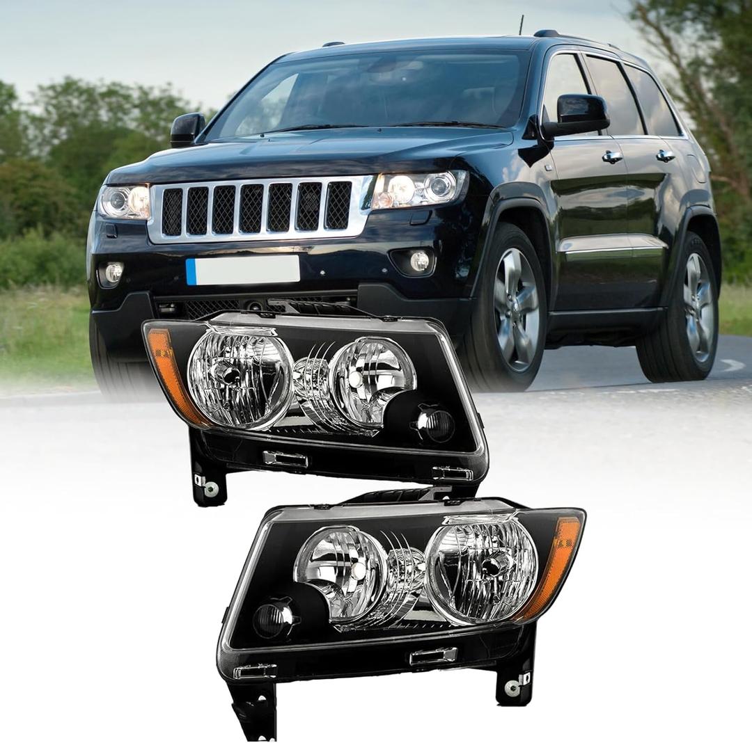 Headlights Assembly Pair for 2011-2013 Jeep Grand Cherokee & 2011-2017 Jeep Compass Halogen Headlights Headlamps L+R (Black)