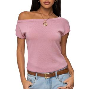 SUUKSESS Women Silk Cashmere Blend Off The Shoulder Tops Summer Lightweight Knit Trendy Sweaters Loose Fit Shirts (Pink, XS)