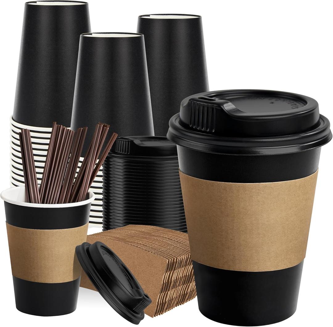 RACETOP 12 oz Paper Coffee Cups,100 Pack Black Disposable Coffee Cups with Lids, Sleeves and Stirring Sticks, 12 oz Hot Coffee Cup for Hot Drinks, Parties, Picnic, Travel, and Events