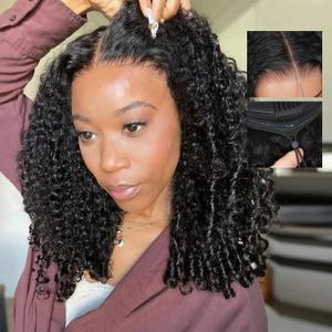 7x5 Glueless Wigs Human Hair Pre Plucked Pre Cut Burmese Curly HD Lace Front Wigs Wear and Go 220 Density Adjustable Drawstring Human Hair Wig for Black Women Natural Color 16 Inch Beginner Friendly