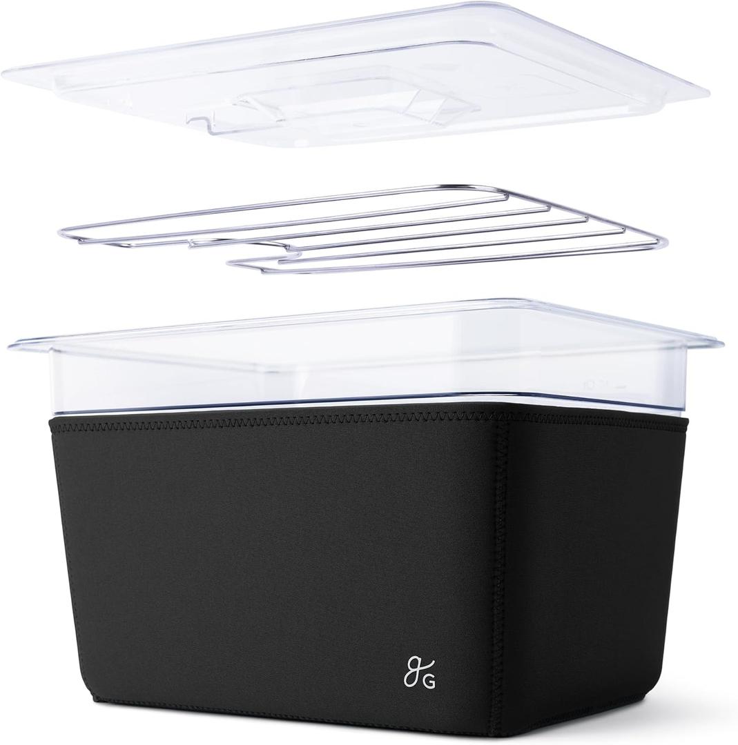 Greater Goods Sous Vide Container 12 Qt with Stainless Steel Rack, Insulation Sleeve, and Lid, (Onyx Black)