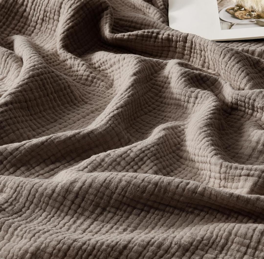WDCOZY 100% Cotton Muslin Blanket King Size 4-Layer for Bed Breathable Lightweight Soft Large Boho Farmhouse Linen Tassels Ruffle Gauze Blankets 108x90 Inches Brown Mocha Chocolate Coffee Taupe