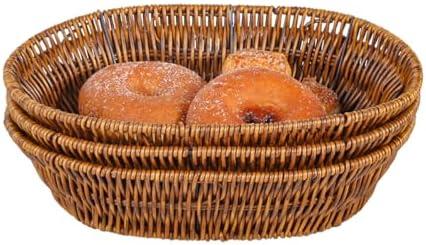 Fvstar 3pcs Poly Wicker Bread Basket,Imitation Woven Fruit Basket Tabletop Tray,Handwoven Oval Food Vegetable Baskets for Serving Display Storage Kitchen Restaurant Market Showcase (Oval)