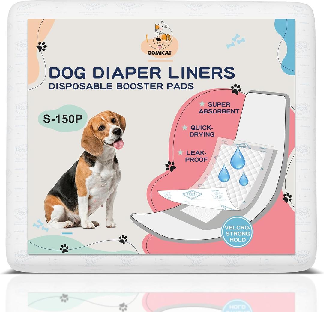Dog Diapers Liners, 150 Ct, Super Absorbent Booster Pads for Male Dog Wraps and Female Dog Diapers, Lnnovative Hook-and-Loop Tape Design, Super-fit & No Shifting, Small Dog Diaper Pads