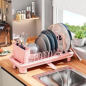 Small Dish Drying Rack with Removable Utensil Holder & Anti-Scratch Base - Stainless Steel Dish Rack, Dish Drying Rack with Drainage & Space Saving Design for Kitchen Counter, Pink