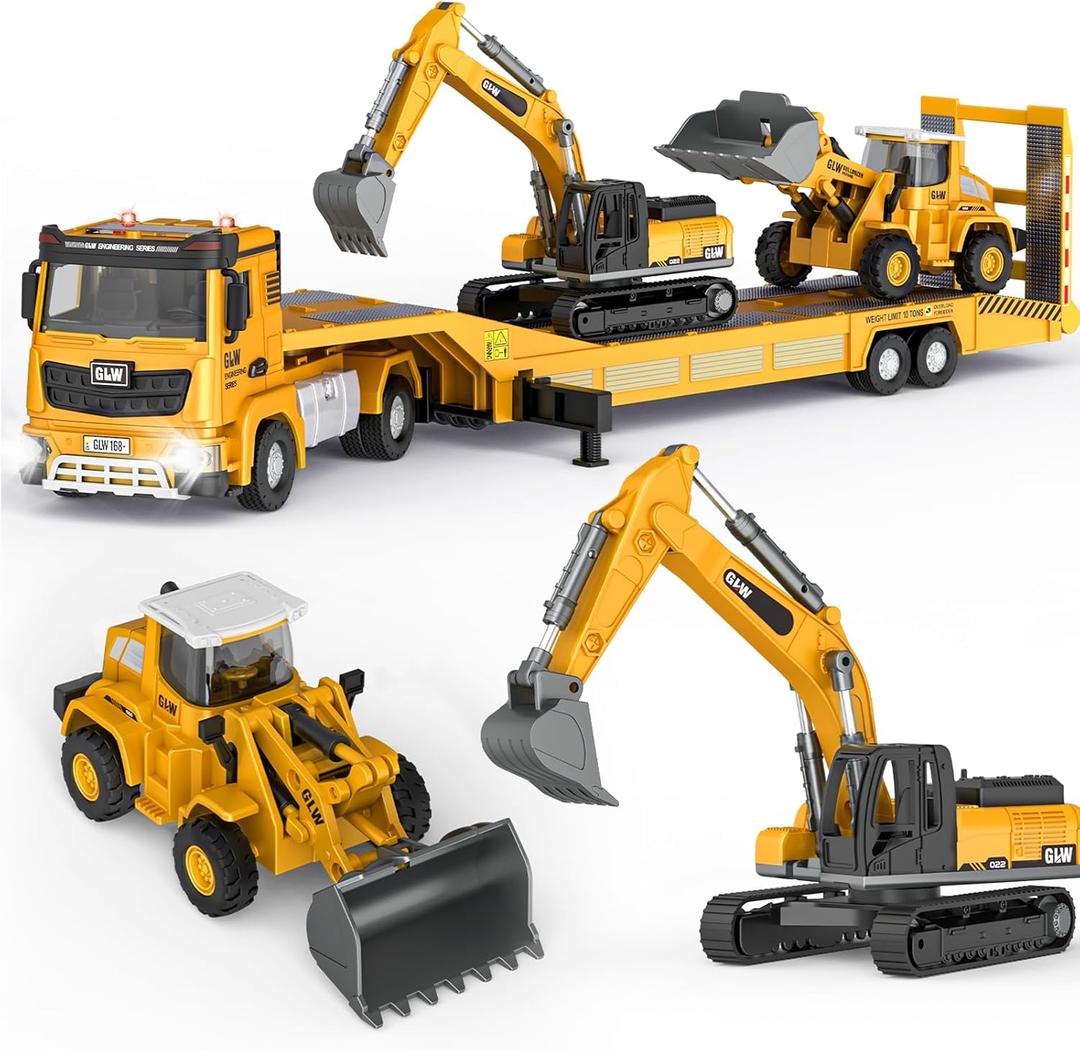 Pupu Pig Kids Toys for 3 4 5 6 7 Years Old Boys, Die-cast Construction Toys Set w/Semi Truck, Excavator, Bulldozer, Alloy Engineering Construction Vehicles Truck Toys w/Lights & Sounds, Model Cars