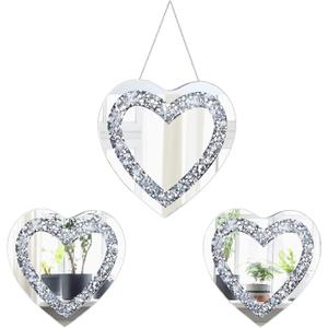 Qunclay 3 Pcs Crystal Crush Diamond Silver Mirror, 12 and 8 Inches Modern Shaped Wall Hang Decorations Glass Diamond Mirror for Bathroom Living Room (Heart Shape)