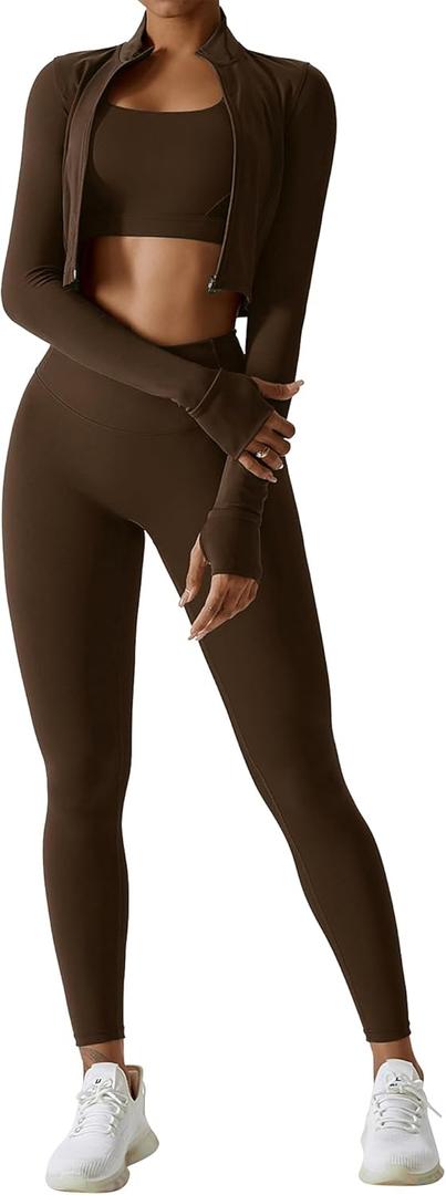 Workout Sets for Women 3 Piece High Waisted Seamless Leggings Crop Top Jacket Gym Yoga Outfit Stretchy Sports Bra Sets (Small, Brown)