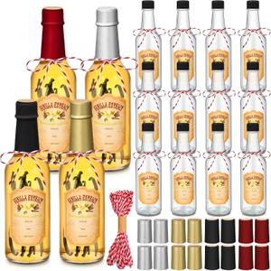 Tioncy 16 Pcs Empty Vanilla Extract Bottles for Homemade Vanilla Jar Glass Bottle with Cap, Shrink Band, Sticker DIY Crafts Wedding Gift Food Storage Canister for Bean(Multicolour,8.5 oz)