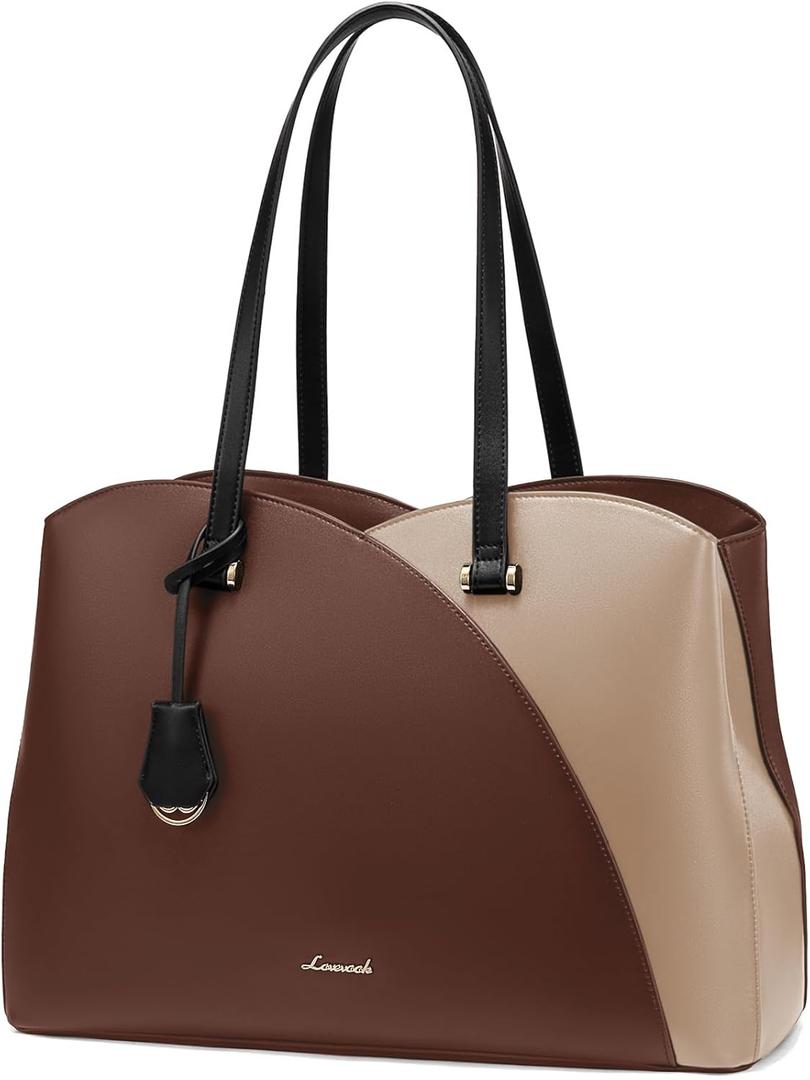 LOVEVOOK 17 Inch Laptop Tote Bag for Women, Work Bags Laptop Bag Teacher Tote Bag, Leather Computer Bag Large Purses Handbag Professional Briefcase, Coffee-Light Brown-Black