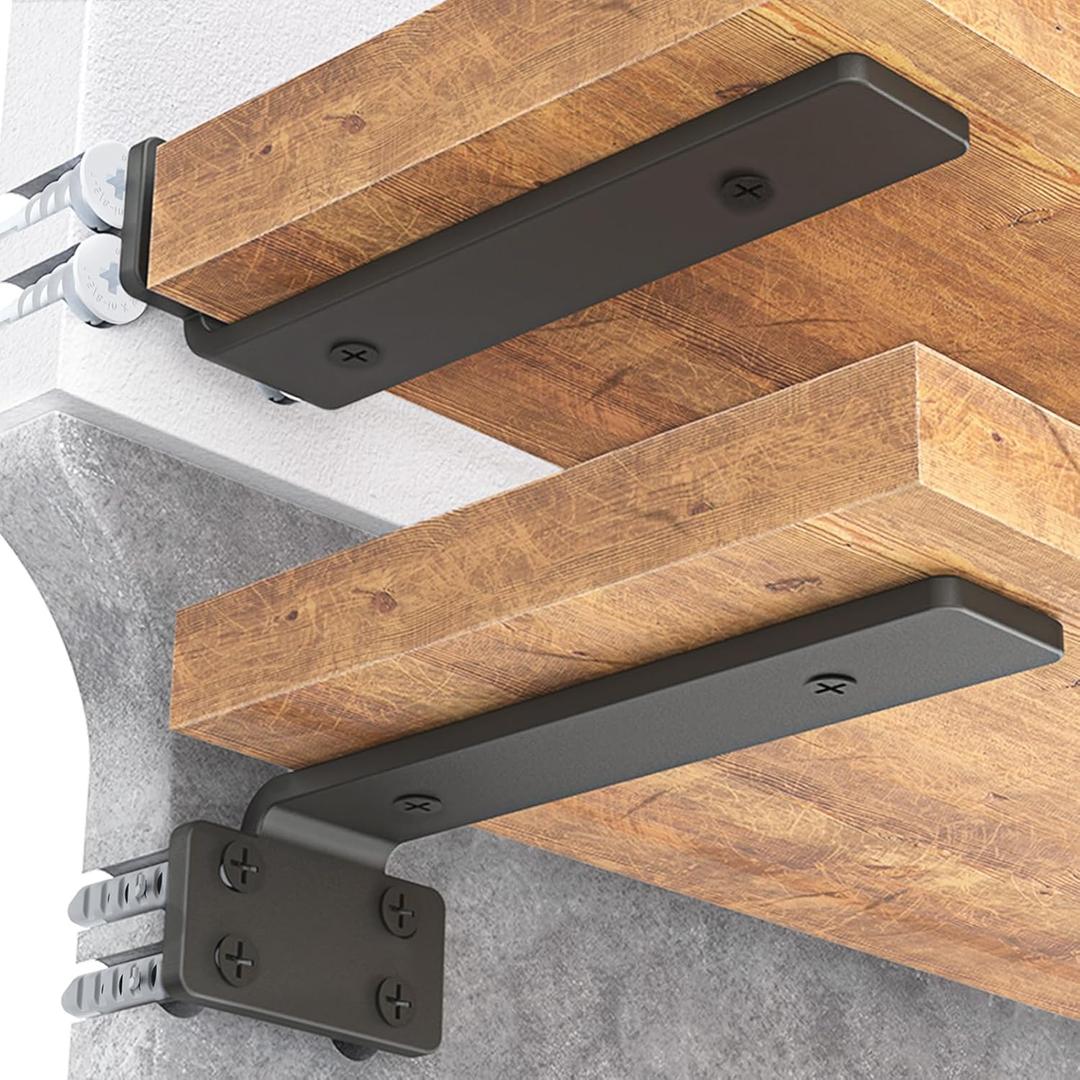 Goovilla Shelf Bracket, Heavy Duty Floating Shelf Brackets 10 inch Long, 4 Pack Brackets for Shelves, Black Coated Metal Wall Shelf Support Brackets with 1/5 Inch Thick and 160 lb. Load Capacity
