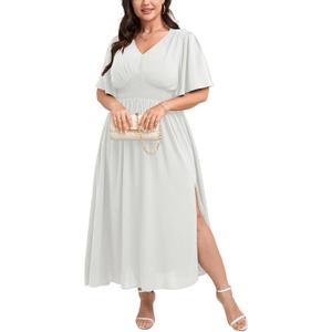 SCOMCHIC Women Plus Size Maxi Formal Dresses Wedding Guest Cocktail Short Sleeve V Neck Smocked Slit Long Flowy Dress (White, XXL)
