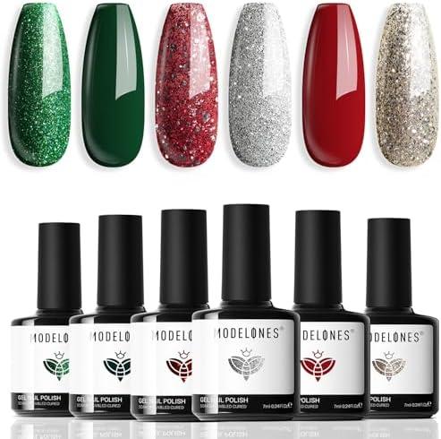 modelones Gel Nail Polish Set, 6 ColorsSparkle Dark Green Red Silver Champagne Rose Gold Glitter Gel Polish Kit New Year Soak Off Nail Art Manicure Salon DIY Home Gift