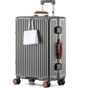 24 Inch Hardside Checked Luggage with Leather Handle, PC Zipperless Suitcase with Spinner Wheels and TSA Locks, Lightweight Checked Luggage for Travel, Grey