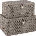 OIAHOMY Wicker Storage Basket with Lid & Lock, Lidded Storage Bins, Decorative Baskets for Organizing, Set of 2-Grey