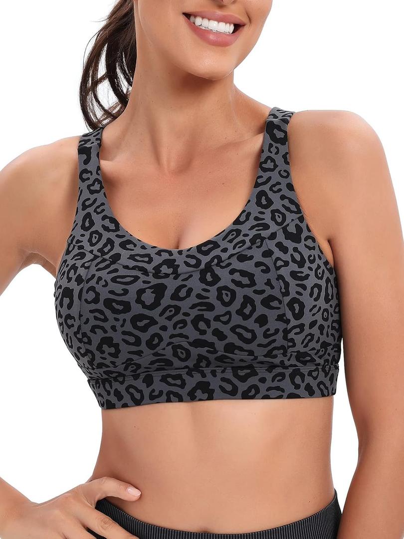 RUNNING GIRL High Impact Sports Bras for Women,Racerback Running Bra Workout Crop Tank Tops Longline Sports Bra Push up (X-Large, D-leopard Print)