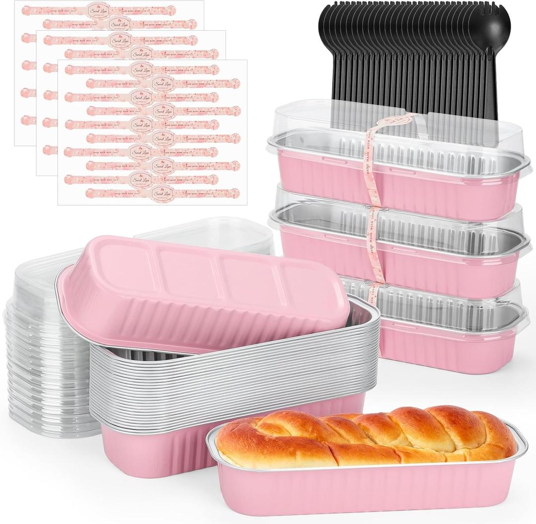 selizo 60 Pack 6.8oz Mini Loaf Baking Cake Pans with Lids, Rectangle Disposable Aluminum Foil Loaf Baking Pans, Small Baking Cake Tins Cup Cake Containers for Thanksgiving Christmas Individual Cakes (Pink)
