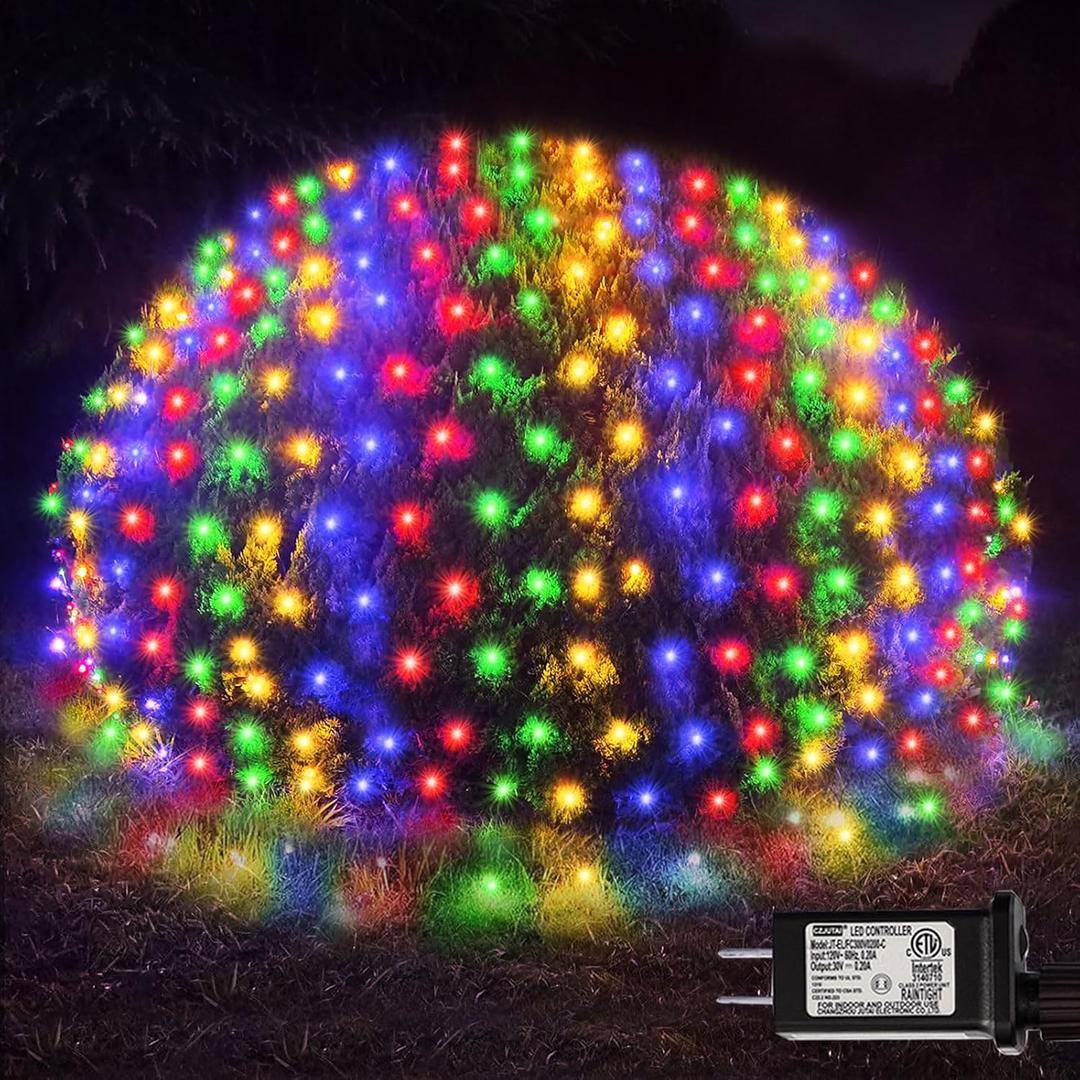 OYCBUZO 300 LED Christmas Net Lights, 14.8ft x 5ft Mesh Lights Outdoor 8 Modes Green Wire, Waterproof Connectable String Lights Plug in for Bushes Xmas Tree Garden Holiday Party Decor - Multicolor