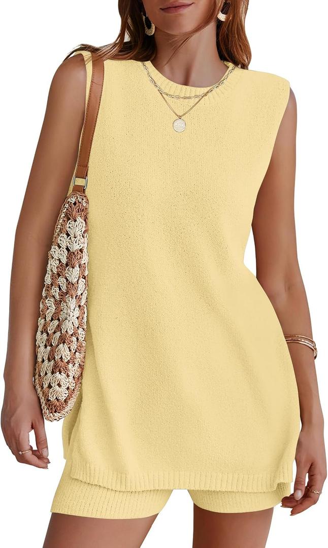 NENONA Women's Summer Sleeveless Sweater Lounge Sets Casual Loose Fit Tunic Tops and Shorts 2 Piece Beach Vacation Outfits (Yellow, M)