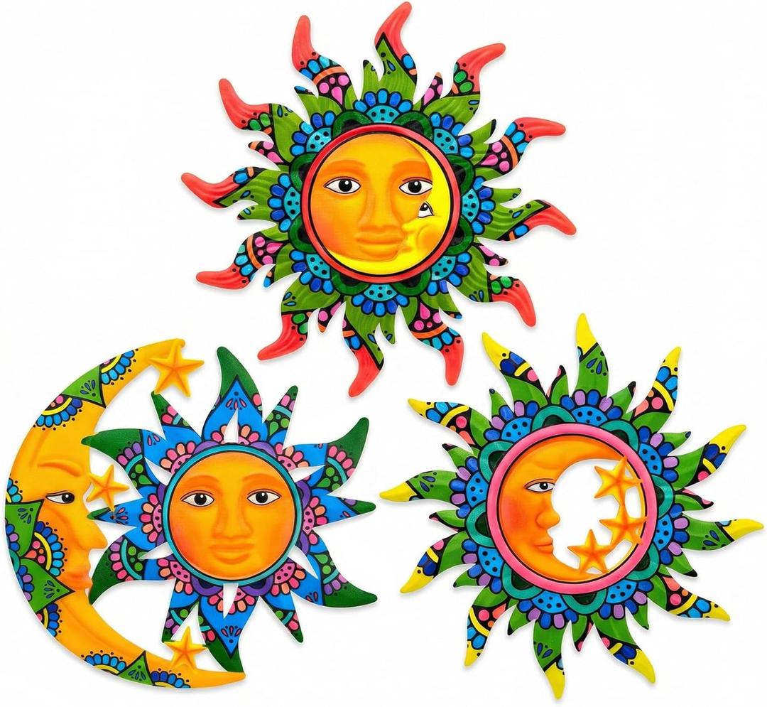 3 Pcs Metal Sun Outdoor Wall Art Decor, Colorful Laser Printed Mexican Style Patterns, Outdoor Decorations for Garden Yard Patio Lawn.