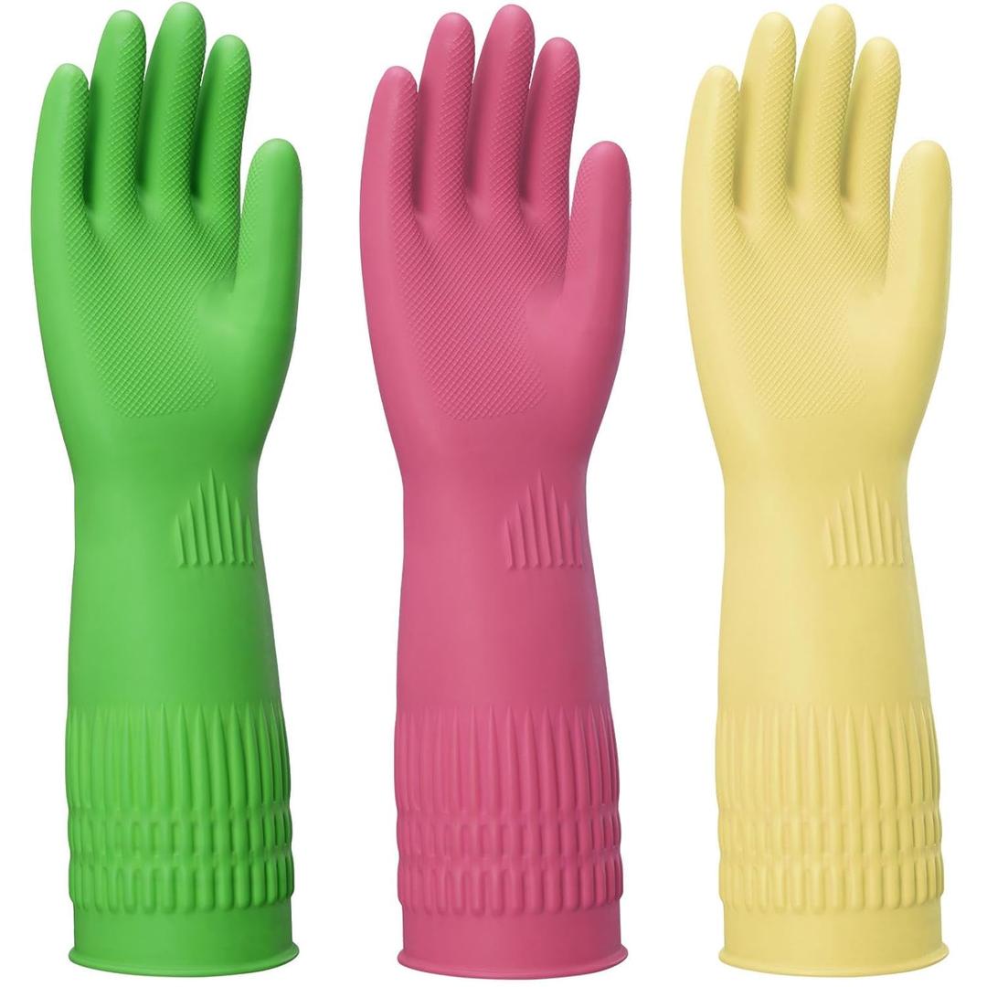 Rubber Gloves for Cleaning â€“ 3 Pairs Reusable Gloves for Dishwashing, Kitchen and Household Tasks, 15-Inch Long (Regular Style, XL(Fits Large Hands))
